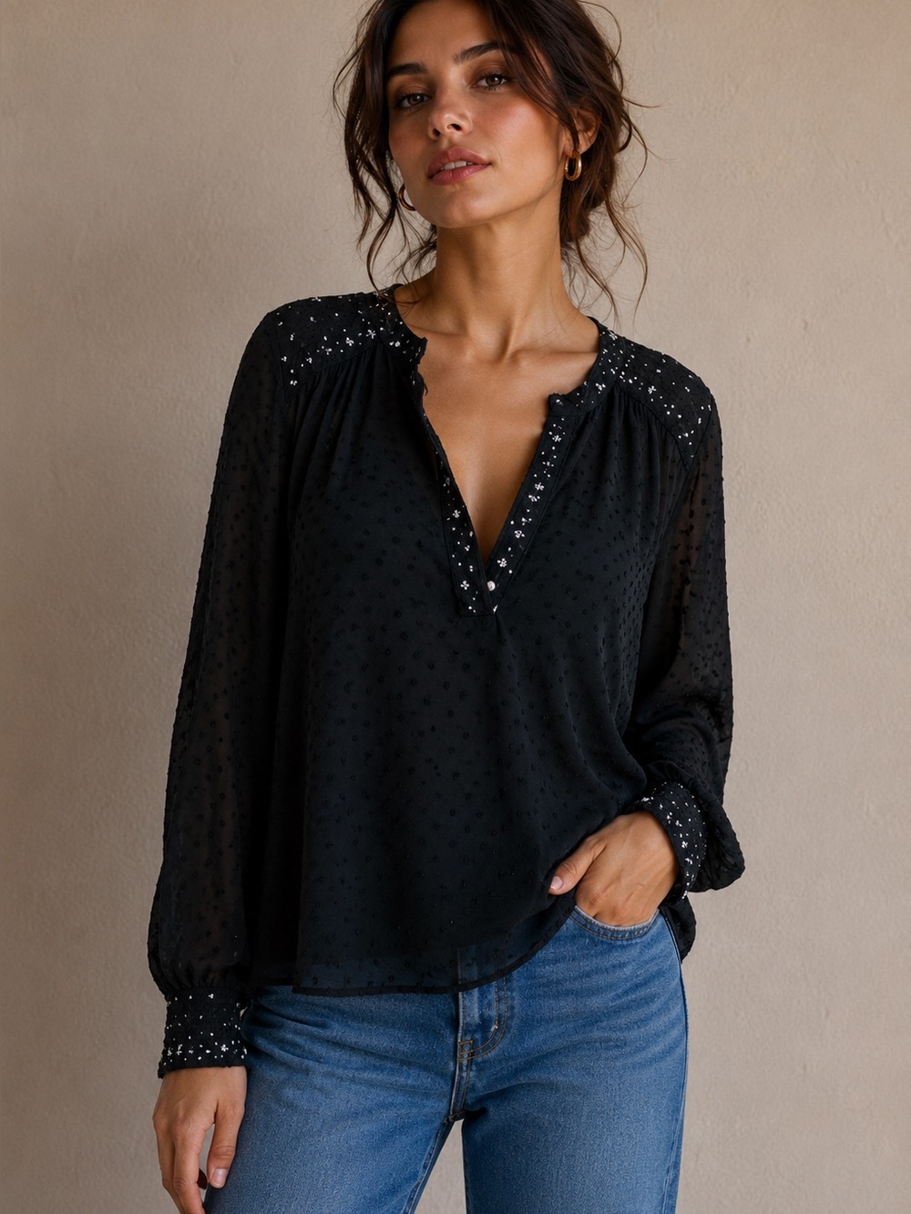 Zara Black Sheer Blouse with White Details